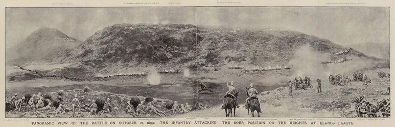 Panoramablick auf die Schlacht am 21. Oktober 1899, die Infanterie greift die Burenstellung auf den Höhen bei Elands Laagte an